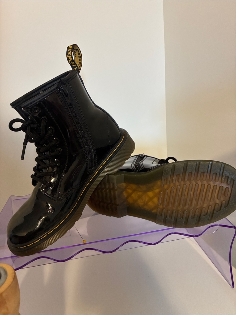 Dr Martens Junior 1460 J black patent leather lace up boots with zipper-Us3 (w5)